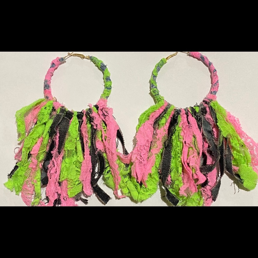Lace and denim fringed hoop earrings
